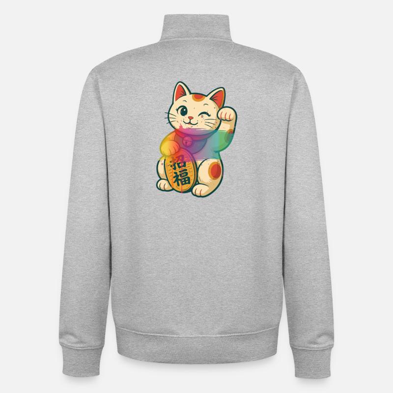 Winkende Glückskatze mit Regenbogen Effekt - Unisex Organic Zip Sweatshirt von Stanley/Stella - Grau meliert