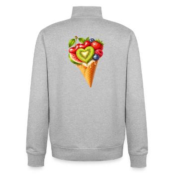 Illustration de cornet de glace aux fruits dans la gaufre - Sweat zippé unisexe en coton bio Stanley/Stella - gris chiné - Dos - AI Model Male 185 light (185cm)