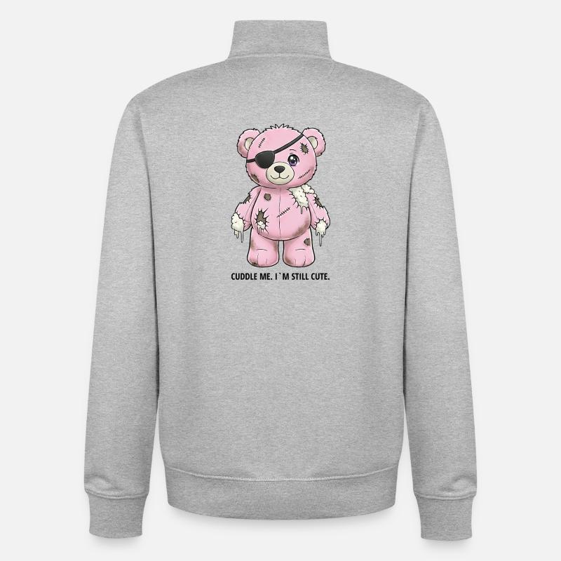 Patchwork Pink Teddy Bear with Eye Patch - Unisex Organic Zip Sweatshirt by Stanley/Stella - heather grey