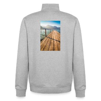 Jetée en bois au lac de la montagne au soleil - Sweat zippé unisexe en coton bio Stanley/Stella - gris chiné - Dos - AI Model Male 185 light (185cm)
