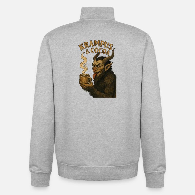 Illustration festive de Krampus et Cocoa - Sweat zippé unisexe en coton bio Stanley/Stella - gris chiné