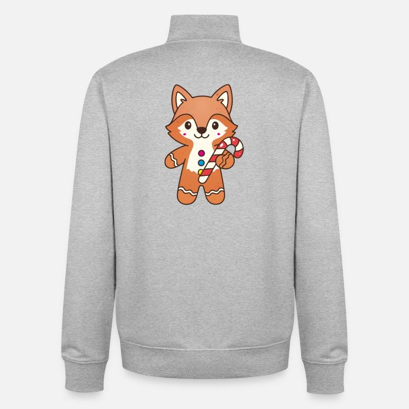 Cute Gingerbread Fox with Candy Cane - Unisex Organic Zip Sweatshirt by Stanley/Stella - heather grey