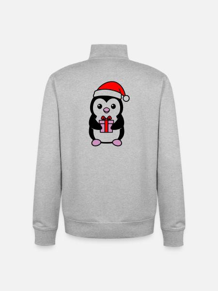Cute Christmas Penguin with Gift - Unisex Organic Zip Sweatshirt by Stanley/Stella - heather grey
