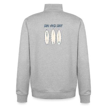 Conception vintage de planche de surf Sun and Surf - Sweat zippé unisexe en coton bio Stanley/Stella - gris chiné - Dos - AI Model Male 185 light (185cm)
