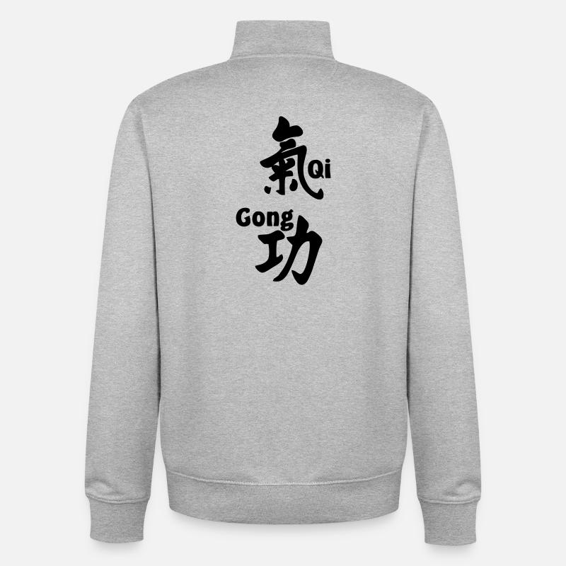 QI gong script avec texte vertical - Sweat zippé unisexe en coton bio Stanley/Stella - gris chiné