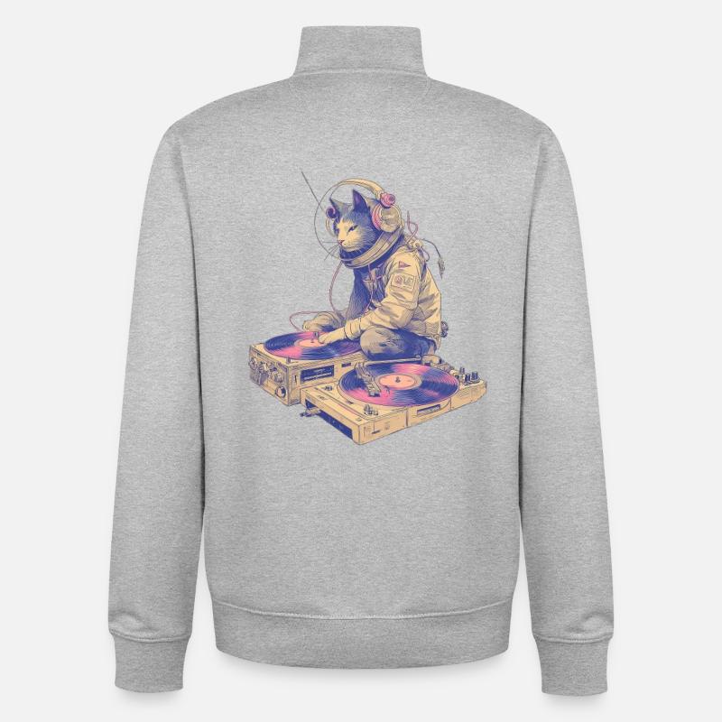 DJ chat à la platine - Sweat zippé unisexe en coton bio Stanley/Stella - gris chiné
