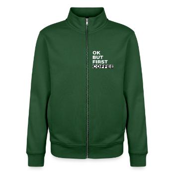 OK, aber erstmal: Kaffee - typografischer Slogan - Unisex Organic Zip Sweatshirt von Stanley/Stella - Flaschengrün - Vorne - AI Model Female 172 dark (172cm) & AI Model Male 185 dark (185cm)