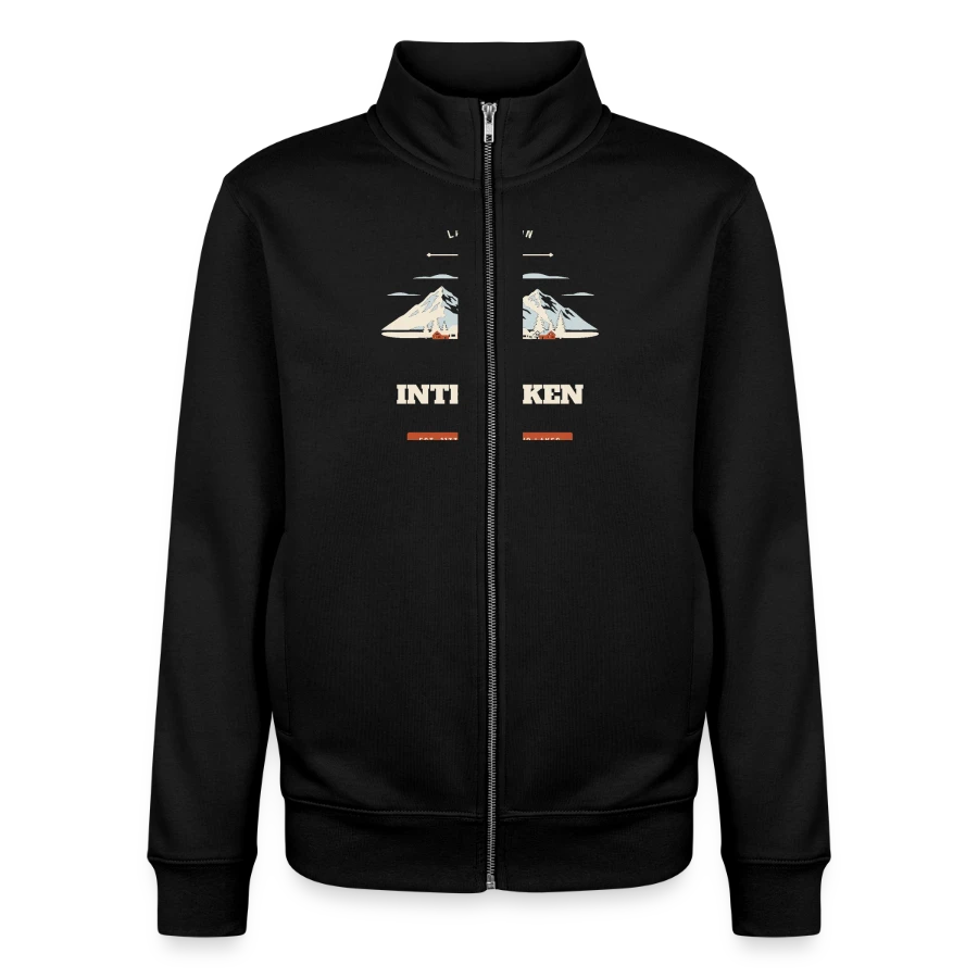 Interlaken badge on a unisex organic zip sweatshirt by stanley/stella, black