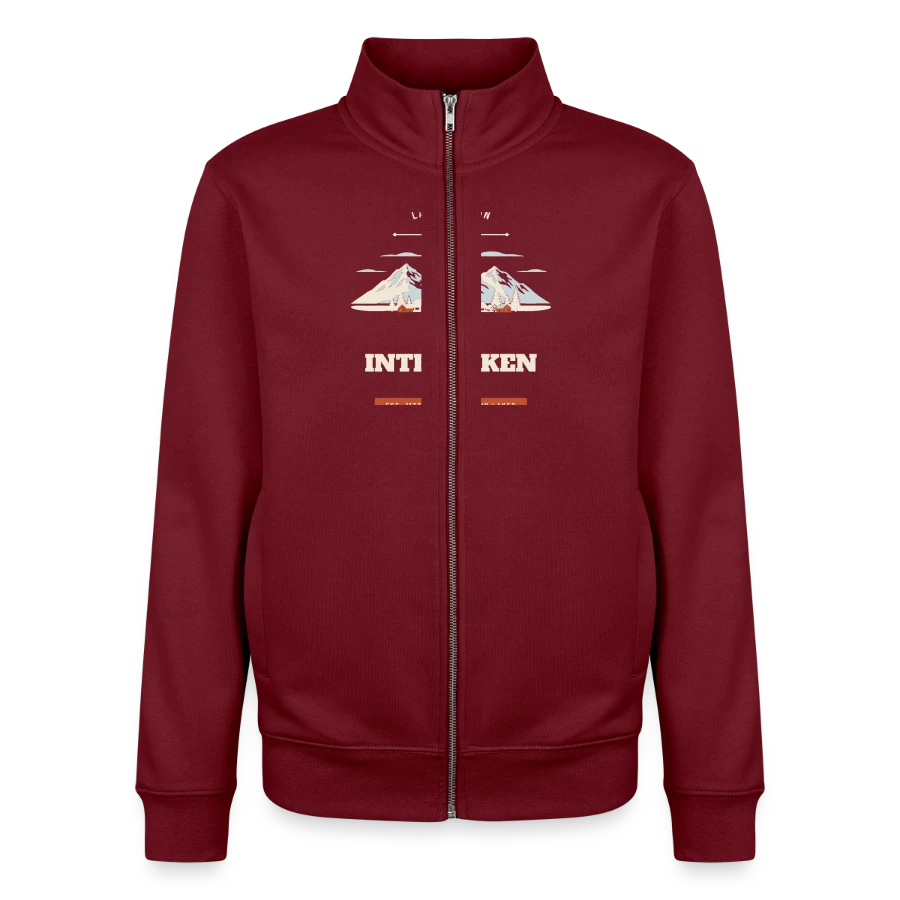 Interlaken badge on a unisex organic zip sweatshirt by stanley/stella, burgundy
