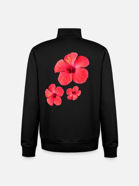 Red Hibiscus Blossoms Triple - Unisex Organic Zip Sweatshirt by Stanley/Stella - black