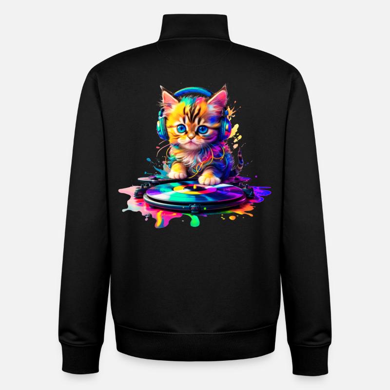 Chaton DJ - Arc-en-ciel 2 - Sweat zippé unisexe en coton bio Stanley/Stella - noir