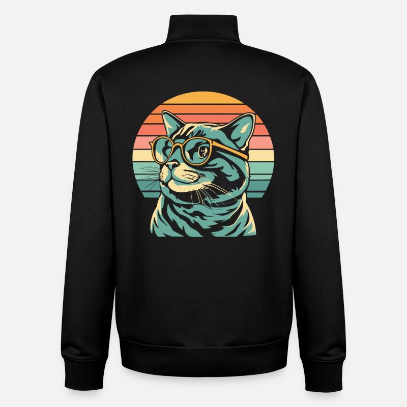 Retro Sunset Katze mit Brille - Unisex Organic Zip Sweatshirt von Stanley/Stella - Schwarz