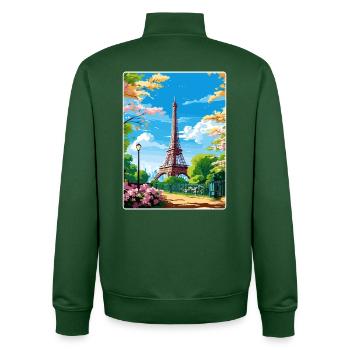 Paris France Travel Poster Souvenir Postcard Paint - Unisex Organic Zip Sweatshirt by Stanley/Stella - bottle green - Back - AI Model Male 185 dark (185cm)