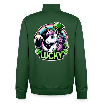 St. Patrick's Day Leprechaun Unicorn Happy - Unisex Organic Zip Sweatshirt by Stanley/Stella - bottle green - Back - AI Model Male 185 dark (185cm)