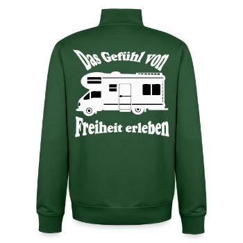 Camping-car , Découvrez le sentiment de liberté ...... - Sweat zippé unisexe en coton bio Stanley/Stella - vert bouteille - Dos - AI Model Male 185 dark (185cm)