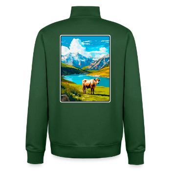 Picos de Europa Spain Travel Poster Cityscape WPA - Unisex Organic Zip Sweatshirt by Stanley/Stella - bottle green - Back - AI Model Male 185 dark (185cm)