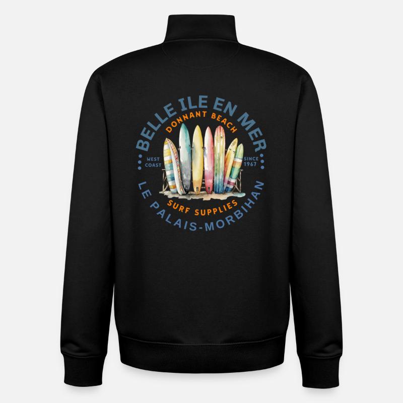 Surf Belle Ile en Mer  - Sweat zippé unisexe en coton bio Stanley/Stella - noir