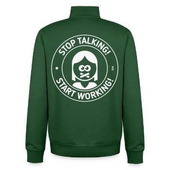Stop Talking! Start Working! (Mrs. / White) - Unisex Organic Zip Sweatshirt by Stanley/Stella - bottle green - Back - AI Model Male 185 dark (185cm)