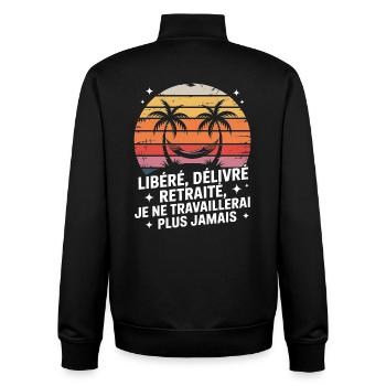 Coucher de soleil palmiers Liberté Retraite - Sweat zippé unisexe en coton bio Stanley/Stella - noir - Dos - AI Model Male 185 light (185cm)