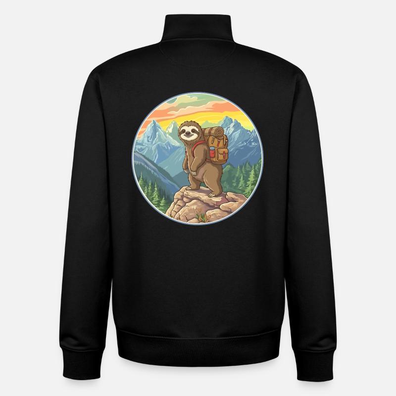 Cute Sloth Hiking Camping Mountain Adventure - Unisex Organic Zip Sweatshirt by Stanley/Stella - black