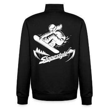Slopestyle Snowboard Action in den Bergen - Unisex Organic Zip Sweatshirt von Stanley/Stella - Schwarz - Hinten - AI Model Male 185 light (185cm)