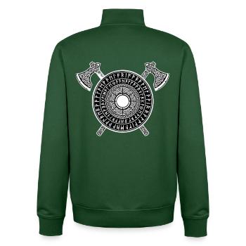 Viking Runic Shield and Norse Crusader Axes - Unisex Organic Zip Sweatshirt by Stanley/Stella - bottle green - Back - AI Model Male 185 dark (185cm)