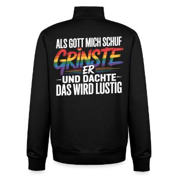 Als Gott mich schuf grinste er – Pride Humor - Unisex Organic Zip Sweatshirt von Stanley/Stella - Schwarz - Hinten - AI Model Male 185 light (185cm)