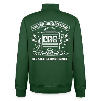 Das Tägliche Glücksspiel. Der Staat Gewinnt Immer  - Unisex Organic Zip Sweatshirt von Stanley/Stella - Flaschengrün - Hinten - AI Model Male 185 dark (185cm)
