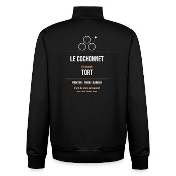 Cochonnet N'a Jamais Tort L'Art de Vivre Provençal - Sweat zippé unisexe en coton bio Stanley/Stella - noir - Dos - AI Model Male 185 light (185cm)