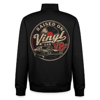 Passion for vinyl and V8 cars - Unisex Organic Zip Sweatshirt by Stanley/Stella - black - Back - AI Model Male 185 light (185cm)