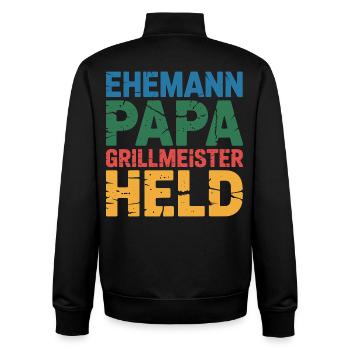 Papa, Père, Grill Maître Héros Barbecue Amusant - Sweat zippé unisexe en coton bio Stanley/Stella - noir - Dos - AI Model Male 185 light (185cm)