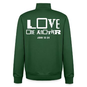 Inspirierendes Bibelzitat "Liebt einander" - Unisex Organic Zip Sweatshirt von Stanley/Stella - Flaschengrün - Hinten - AI Model Male 185 dark (185cm)