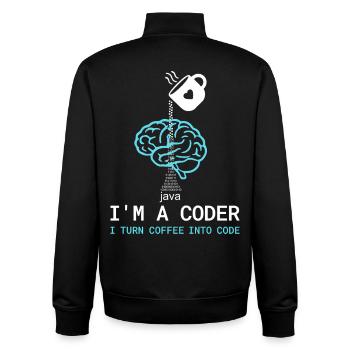 Coder T-Shirt: Coffee into Code – Nerdy Programmie - Unisex Organic Zip Sweatshirt von Stanley/Stella - Schwarz - Hinten - AI Model Male 185 light (185cm)
