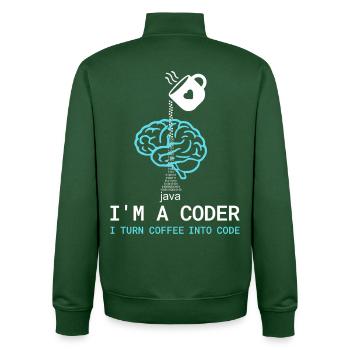Coder T-Shirt: Coffee into Code – Nerdy Programmie - Unisex Organic Zip Sweatshirt von Stanley/Stella - Flaschengrün - Hinten - AI Model Male 185 dark (185cm)