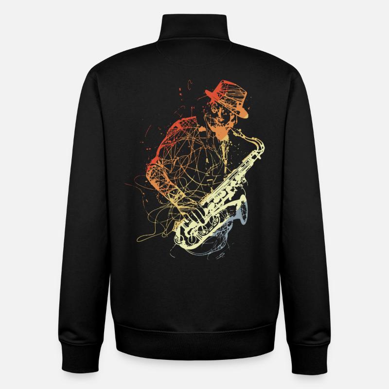 Retro Saxophone Player Drawing - Unisex Organic Zip Sweatshirt by Stanley/Stella - black