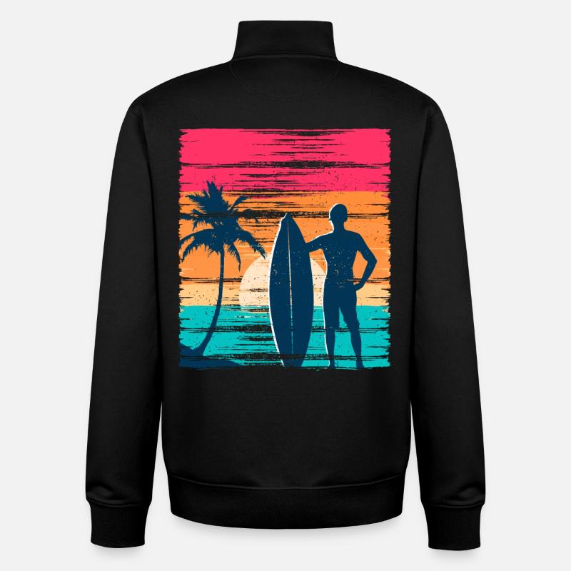 Surfeur Sunset Rétro - Sweat zippé unisexe en coton bio Stanley/Stella - noir