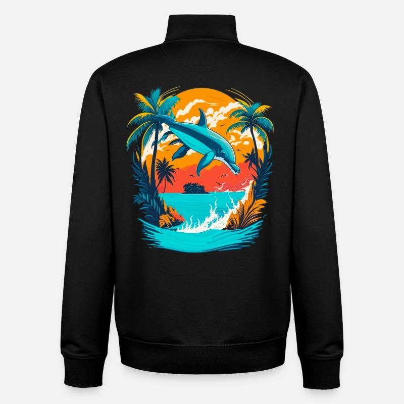Dolphin with Tropical Sunset - Unisex Organic Zip Sweatshirt by Stanley/Stella - black