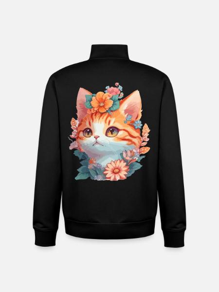 Red cat with flowers - Unisex Organic Zip Sweatshirt by Stanley/Stella - black