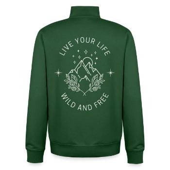 Outdoors and Nature Quote Wild and Free Mountains - Unisex Organic Zip Sweatshirt by Stanley/Stella - bottle green - Back - AI Model Male 185 dark (185cm)