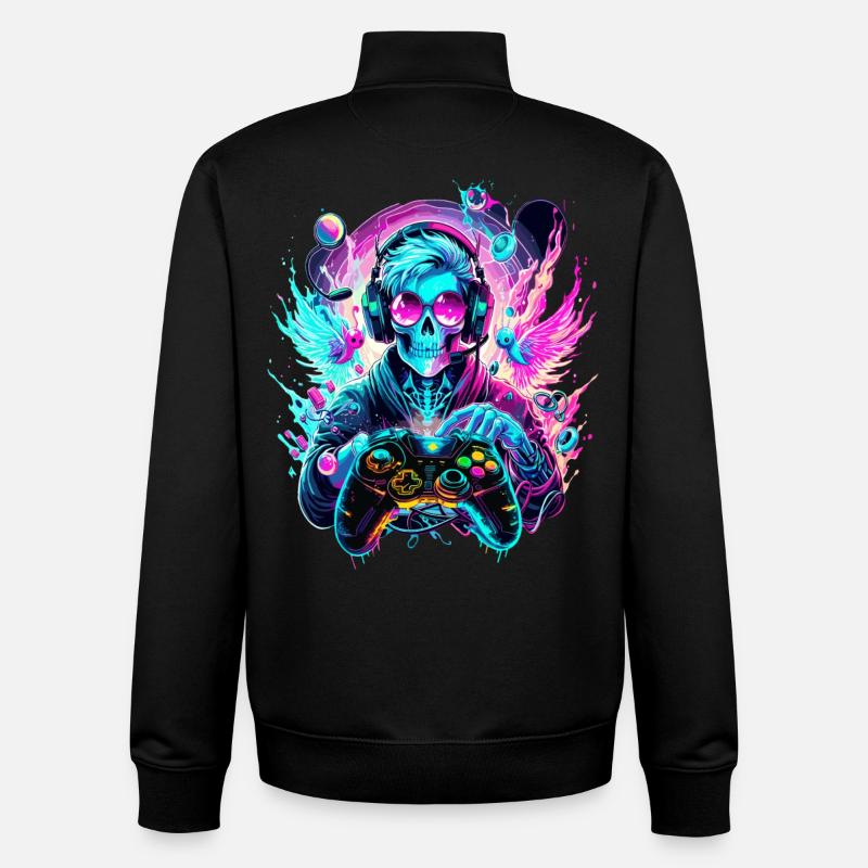 Synthwave Skull Gaming Controller Art - Unisex Organic Zip Sweatshirt by Stanley/Stella - black