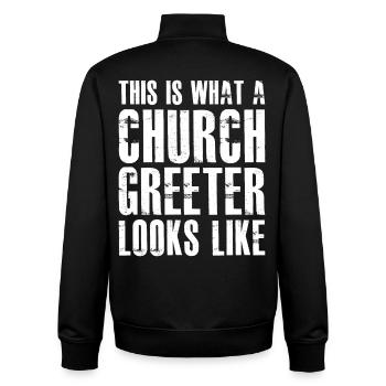 this is what a church greeter looks like - Unisex Organic Zip Sweatshirt by Stanley/Stella - black - Back - AI Model Male 185 light (185cm)