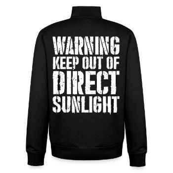 warning keep out of direct sunlight funny shirt - Unisex Organic Zip Sweatshirt by Stanley/Stella - black - Back - AI Model Male 185 light (185cm)