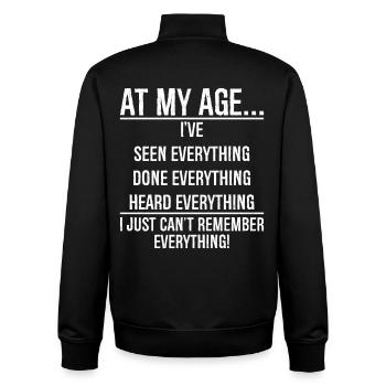 At my age - Unisex Organic Zip Sweatshirt by Stanley/Stella - black - Back - AI Model Male 185 light (185cm)