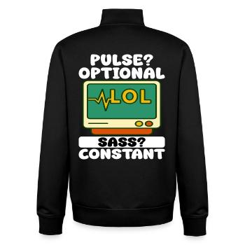 PULS? OPTIONAL, SASS? CONSTANT - GESCHENK FÜR KRANKENSCHWESTER - Unisex Organic Zip Sweatshirt von Stanley/Stella - Schwarz - Hinten - AI Model Male 185 light (185cm)