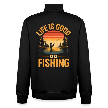 Life is good - go fishing Angel Angler - Unisex Organic Zip Sweatshirt von Stanley/Stella - Schwarz - Hinten - AI Model Male 185 light (185cm)