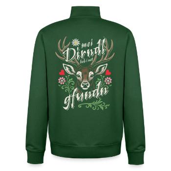Mei Dirndl hob i net gfundn, Dirndl Ersatz, Tracht - Sweat zippé unisexe en coton bio Stanley/Stella - vert bouteille - Dos - AI Model Male 185 dark (185cm)