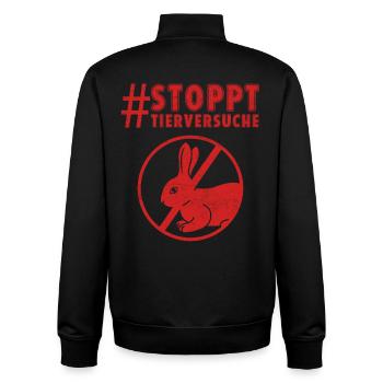 Tierschutz STOPPT TIERVERSUCHE LUSTIG - Unisex Organic Zip Sweatshirt von Stanley/Stella - Schwarz - Hinten - AI Model Male 185 light (185cm)