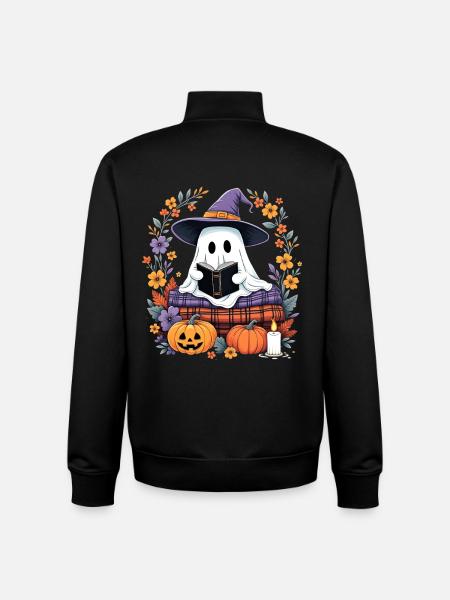 Cozy Halloween Witch Ghost with Pumpkins - Unisex Organic Zip Sweatshirt by Stanley/Stella - black
