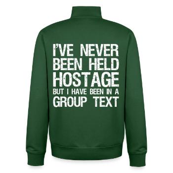 I've Never Been Held Hostage But I Have Been - Unisex Organic Zip Sweatshirt von Stanley/Stella - Flaschengrün - Hinten - AI Model Male 185 dark (185cm)
