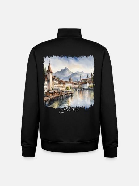 Aquarelle Lucerne, j’adore Lucerne - Sweat zippé unisexe en coton bio Stanley/Stella - noir
